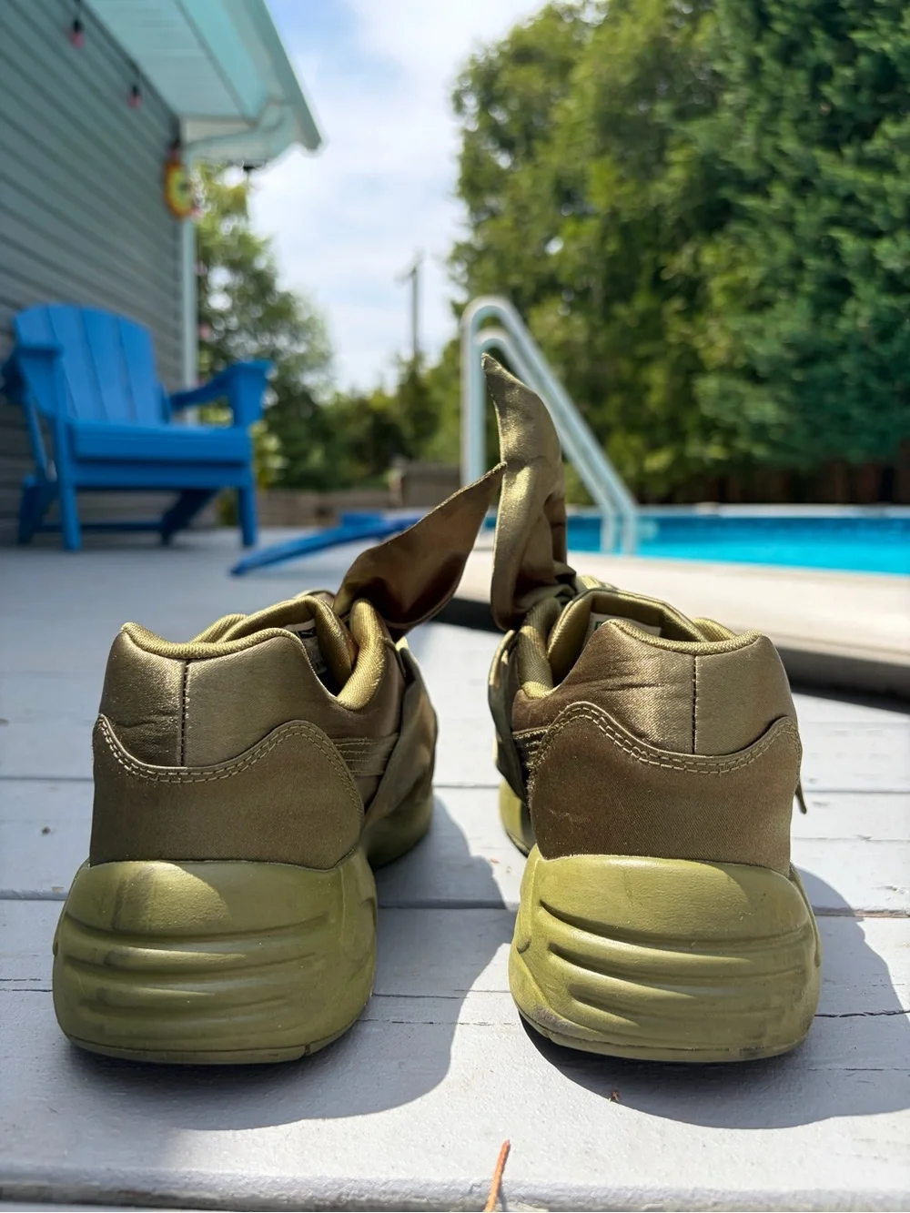 Women's Olive Green Satin Bow Chunky Sneakers